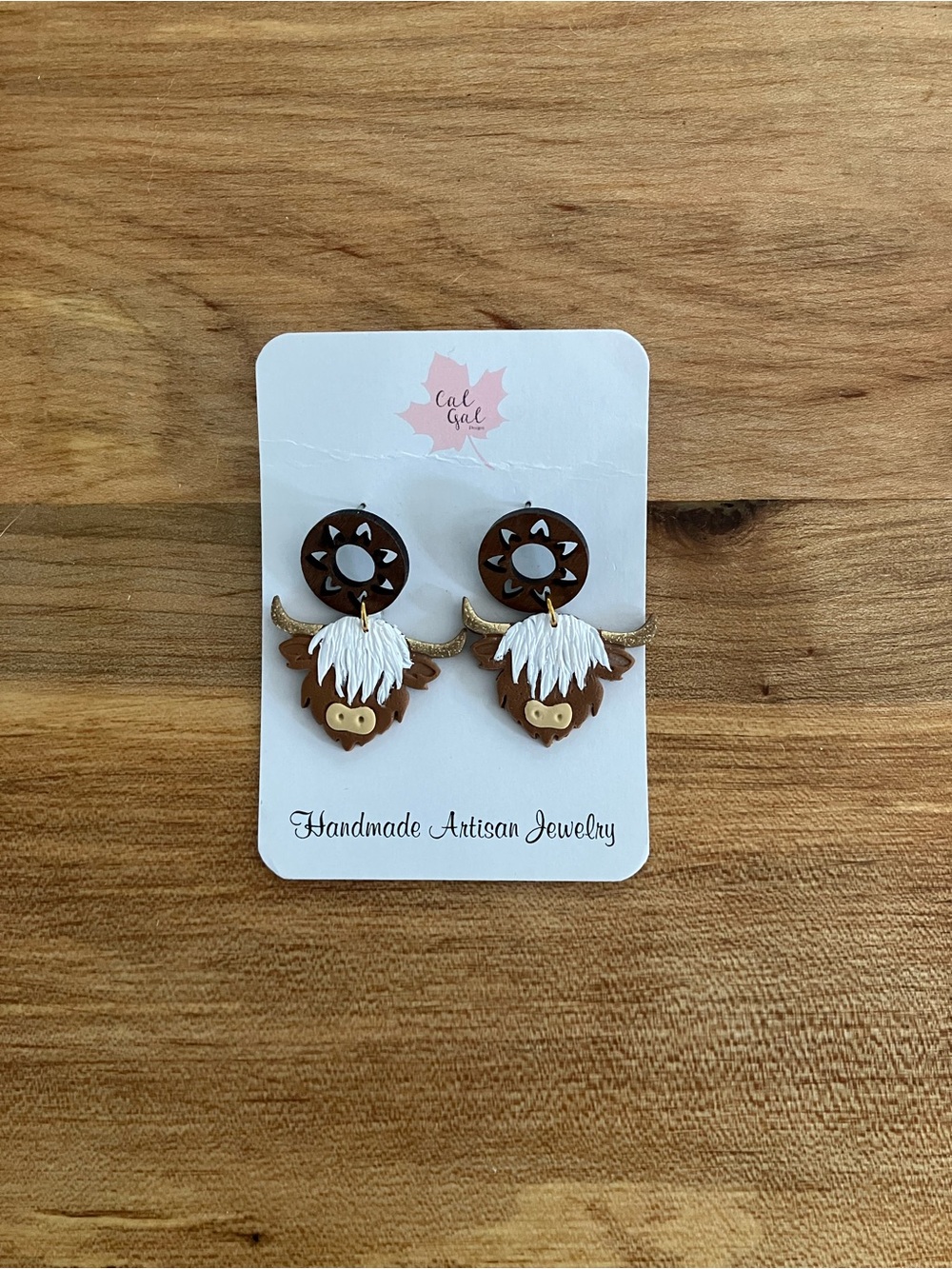 CalGal Brown Highland Cow Earrings - Handmade Accessory - Unworn